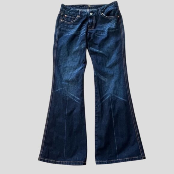 7 For All Mankind Dark Wash "A" Pocket Low Rise Flared Denim Jeans Size 32 - Picture 1 of 16